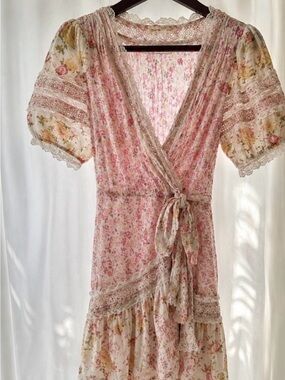 LoveShackFancy Pink Floral Wrap Midi Dress with Lace Detail